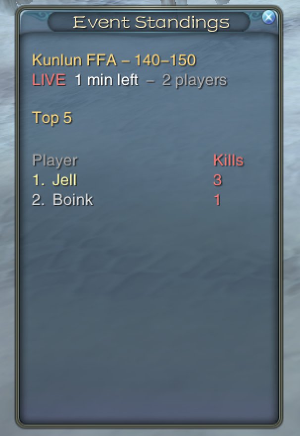 The Event Standings window in game: the event, time left, the top 5 players and their kills