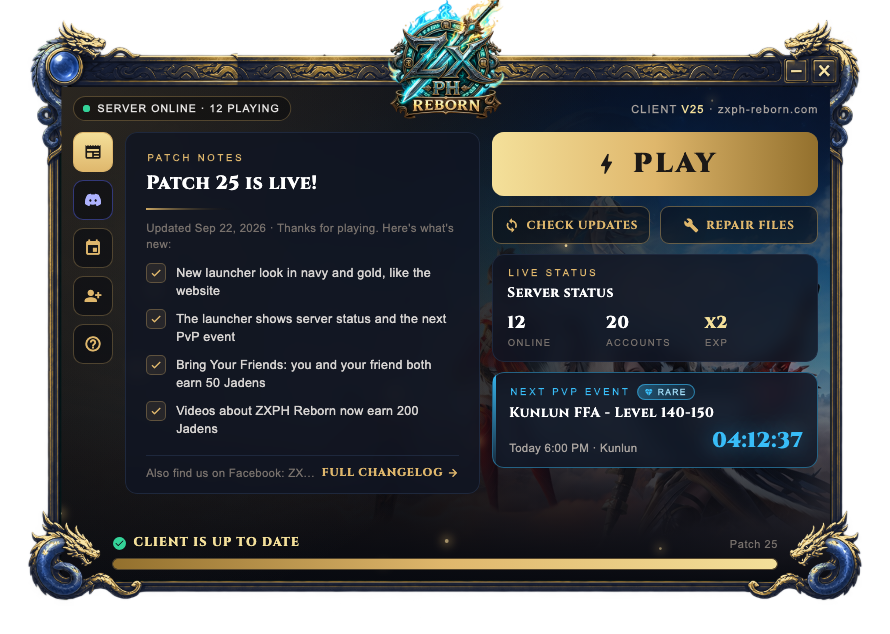 The new ZXPH Reborn launcher: navy and gold, with server status and the next PvP event